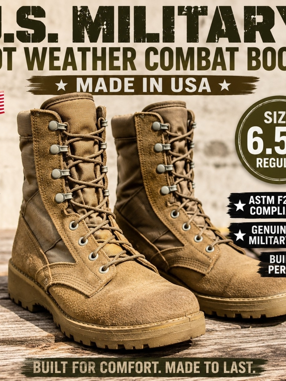 US Military Hot Weather Combat Boots Coyote Tan Suede Leather EH USA Size 6.5R